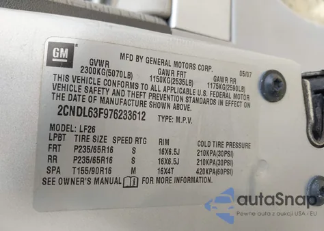 2007 Chevrolet Equinox Lt from USA, damaged, VIN 2CNDL63F976233612